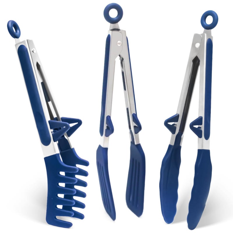 TOWINGO Kitchen Tongs, 9 Inch Tongs for Cooking with Silicone Tips, Food Grade Small Silicone Tong, Mini Serving Tong for Nonstick Pans, BBQ, Salad, Set of 3, Blue - Image 1